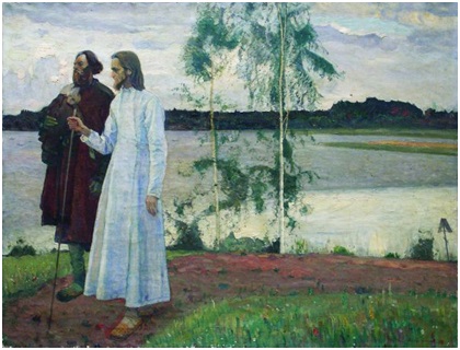 «За Волгой» (Странники) М.В.Нестеров. 1922 г. Холст, масло.Частное собрание.